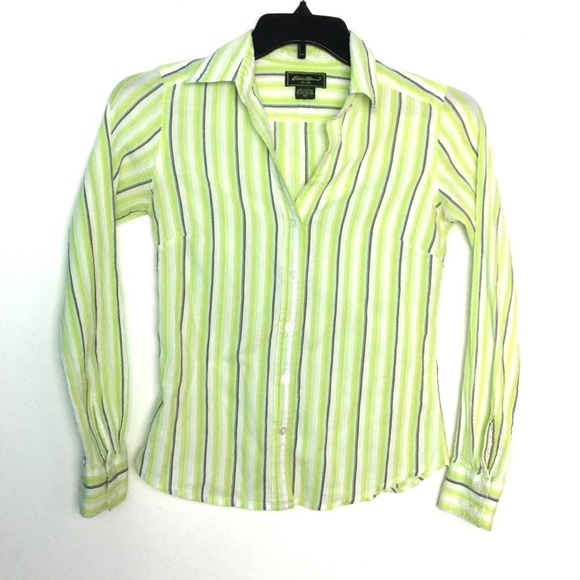 Women's Eddie Bauer XS 0 - 2 Button Front Shirt Stripe Yellow Long Sleeve Casual - Picture 2 of 6